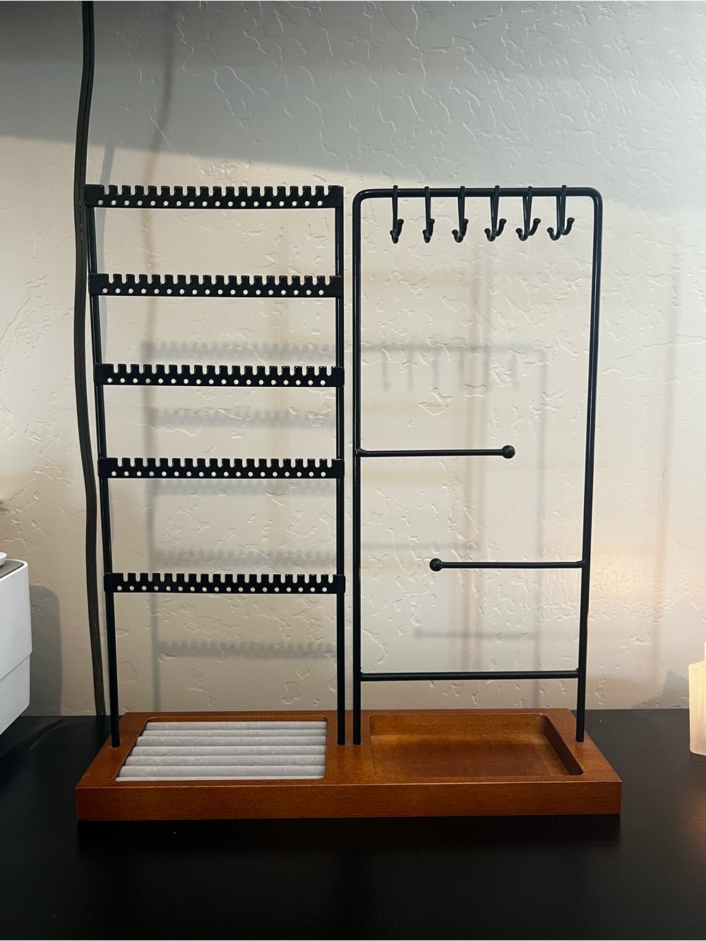 Black Jewelry Organizer Stand with Wooden Tray
